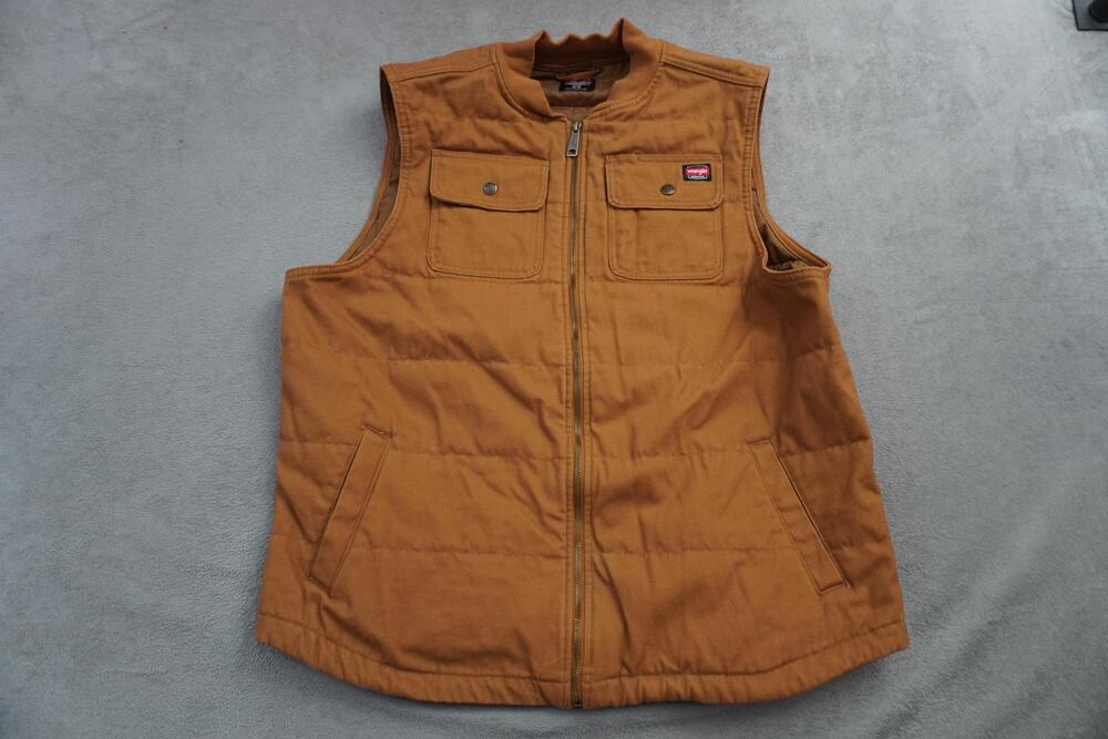 Wrangler Workwear Vest Mens XL Brown Canvas Quilted Full Zip Lined Insulated